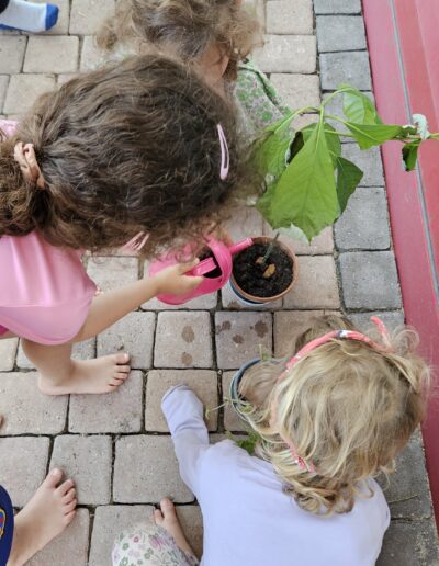 Trois petites filles penchées en avant qui prennent soin d'une plante. L'une d'entre elle l'arrose.