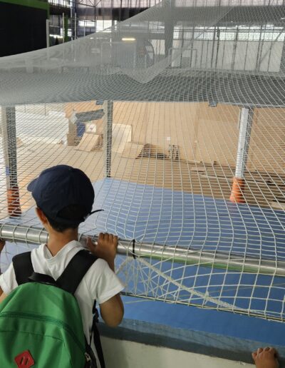 Trois enfants de dos devant une barrière qui regarde, à travers un filet, un skate parc en contrebas.